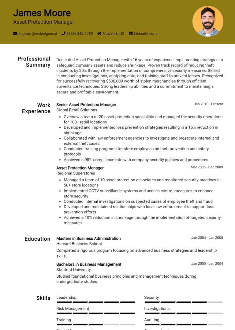 Asset Protection Manager Resume Example for 2025: Tips & Templates