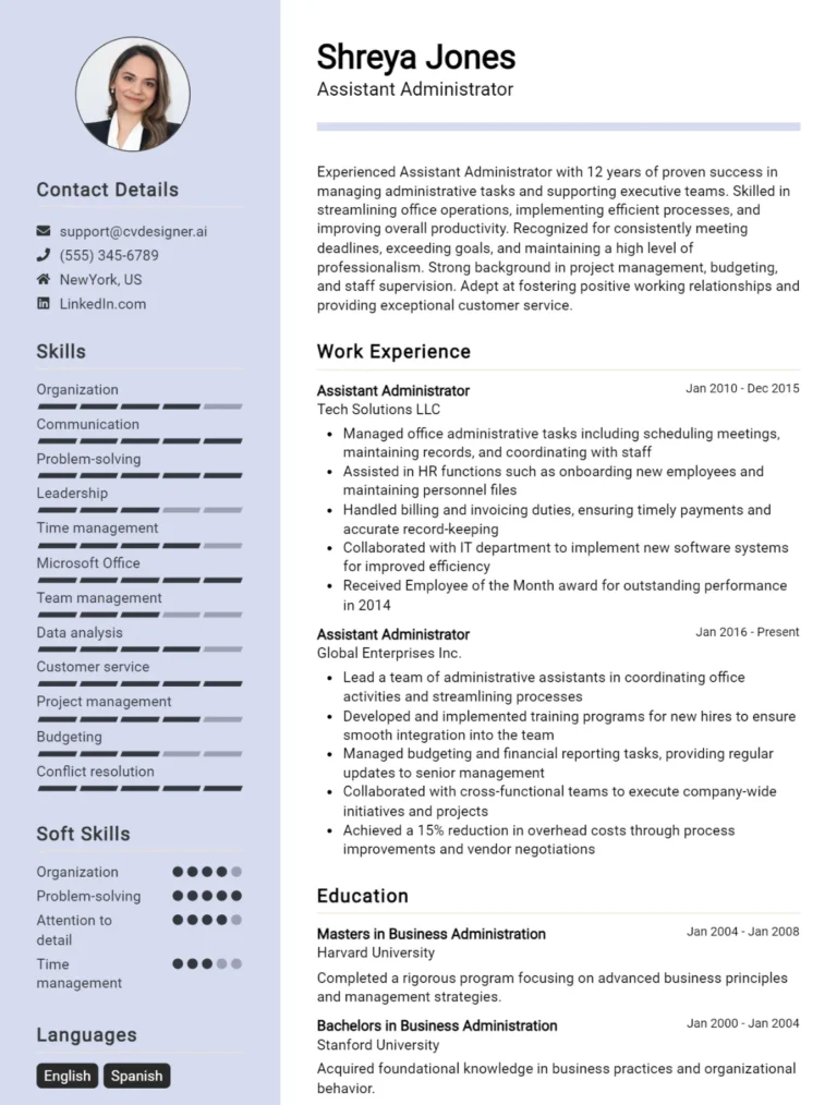 12 Assistant Administrator CV Examples And Templates For 2025