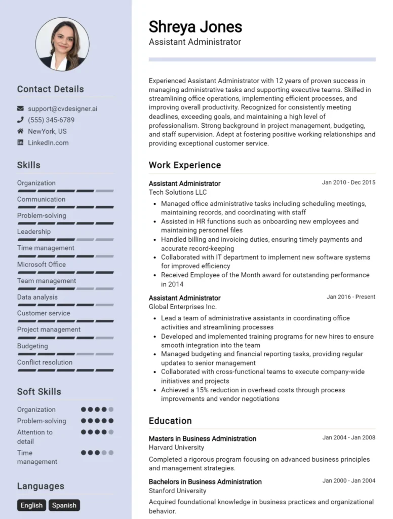 Assistant Administrator CV Example