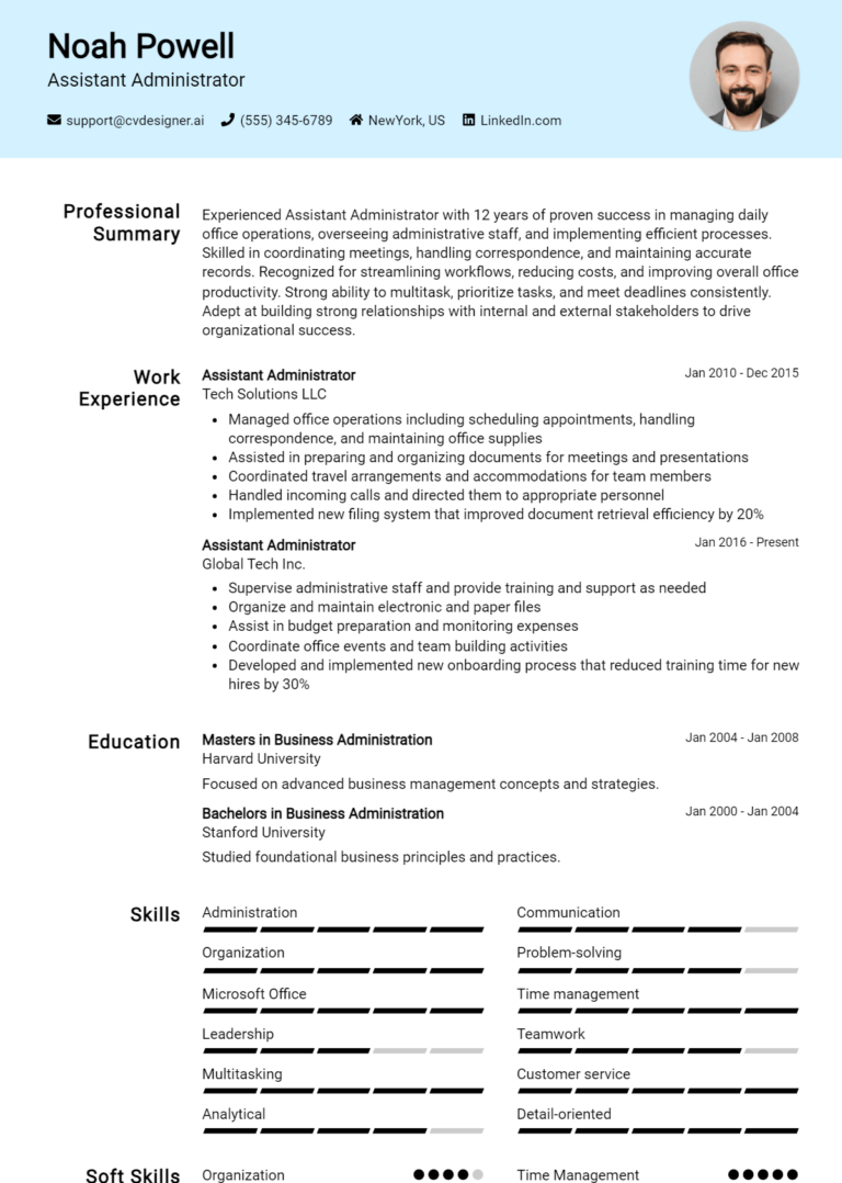 Assistant Administrator Resume Example for 2025: Effective CV Writing Tips
