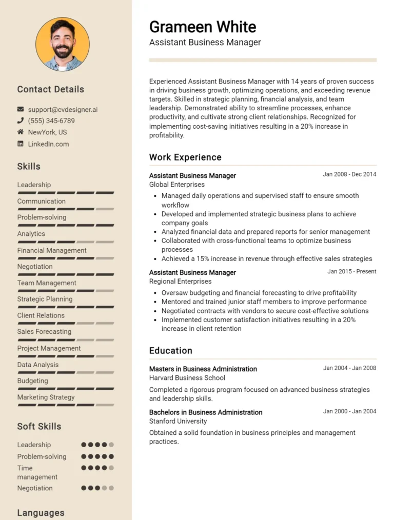9 Assistant Business Manager CV Examples And Templates For 2025