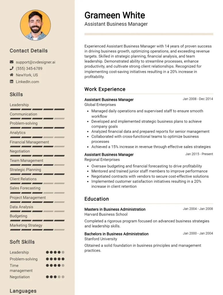 Assistant Business Manager CV Example