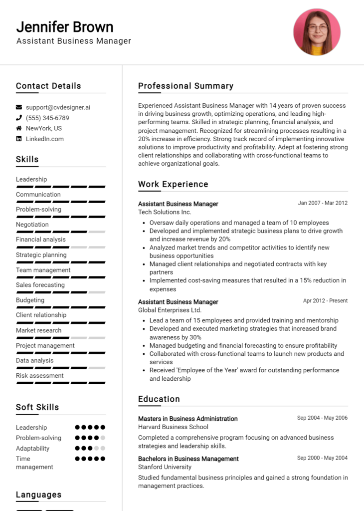 Assistant Business Manager Resume Example