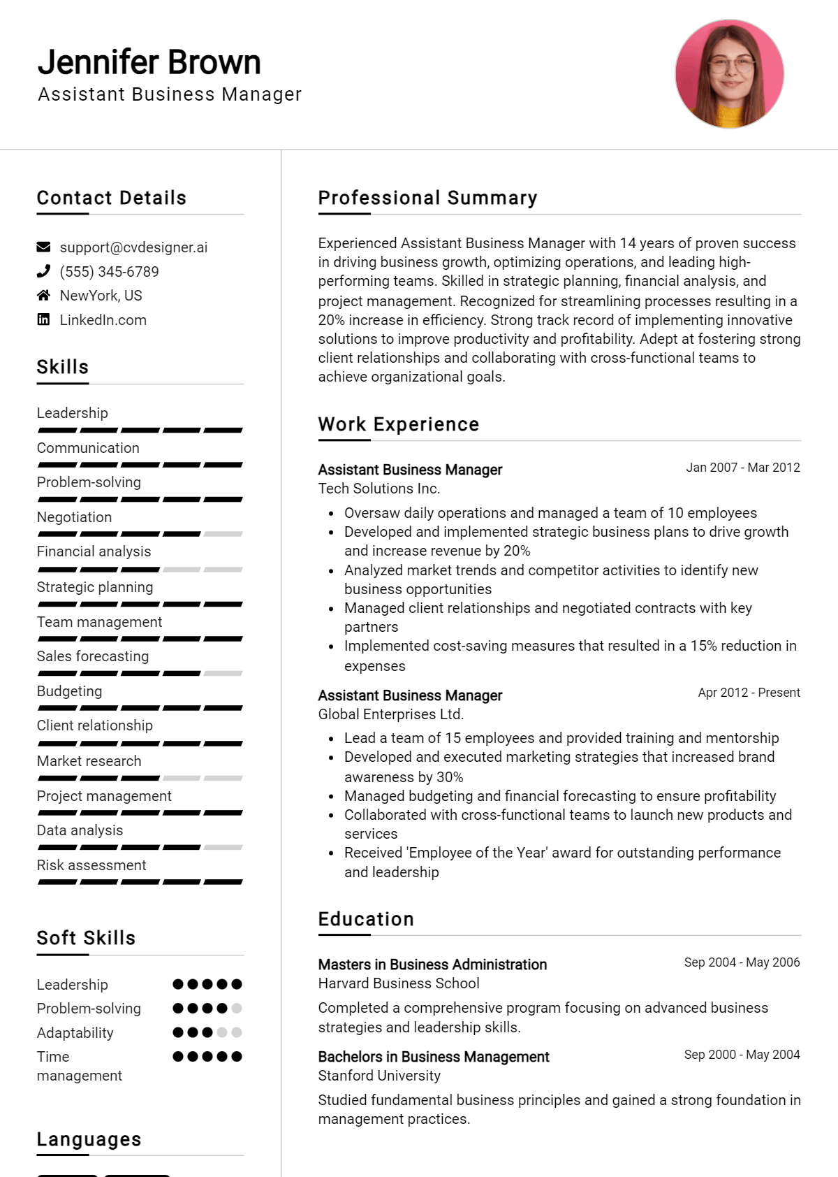 Assistant Business Manager Resume Example