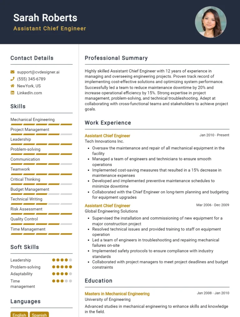 Assistant Chief Engineer CV Example For 2025: Top Tips & Samples