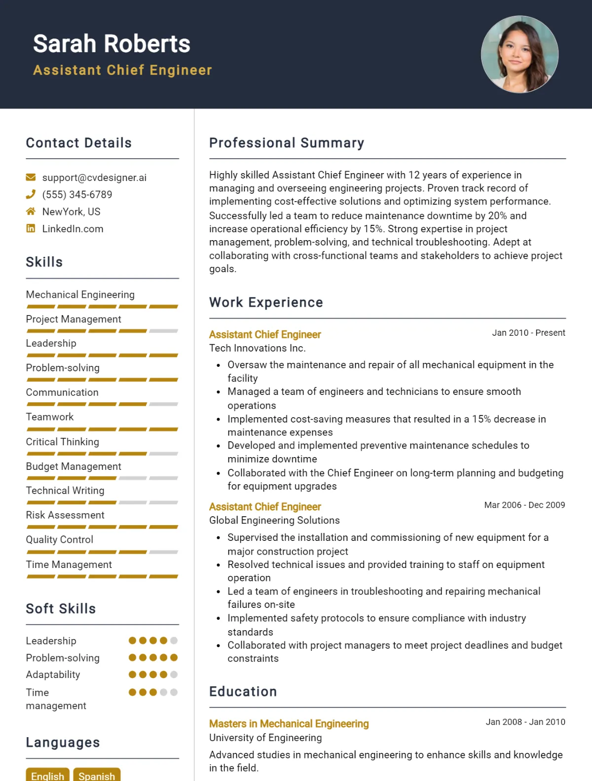 Assistant Chief Engineer CV Example