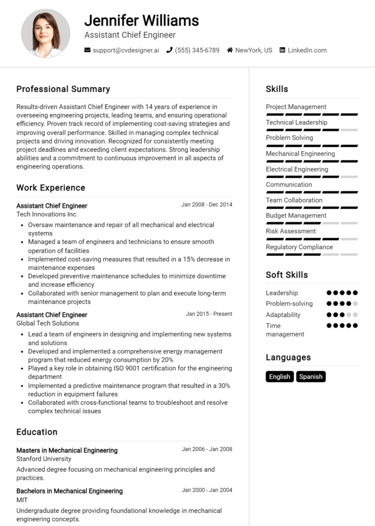 Assistant Chief Engineer Resume Example