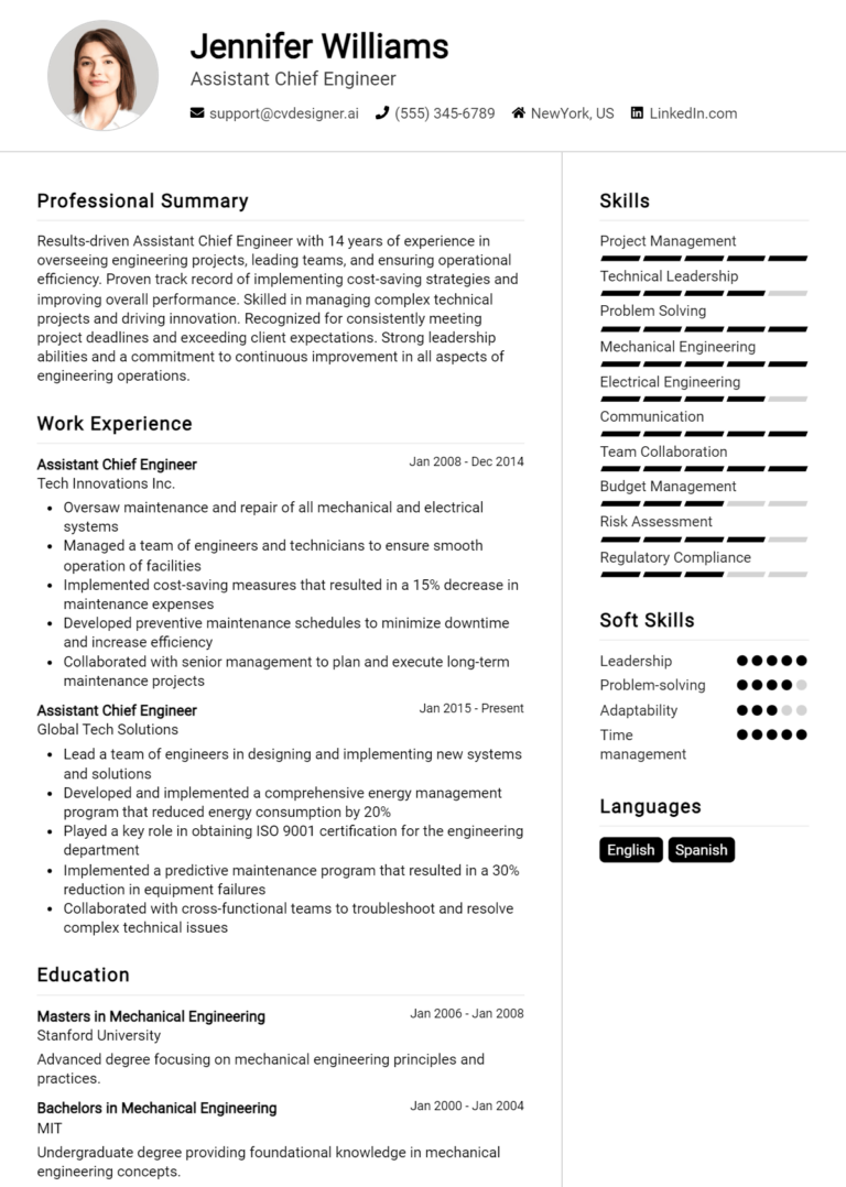 Assistant Chief Engineer Resume Example for 2025: Free Downloadable Templates