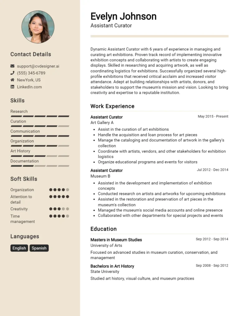 Assistant Curator CV Example For 2025: Free Downloadable Templates