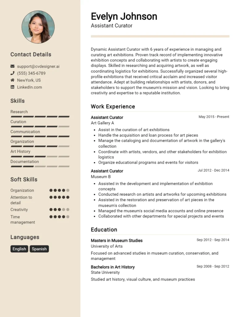 Assistant Curator CV Example