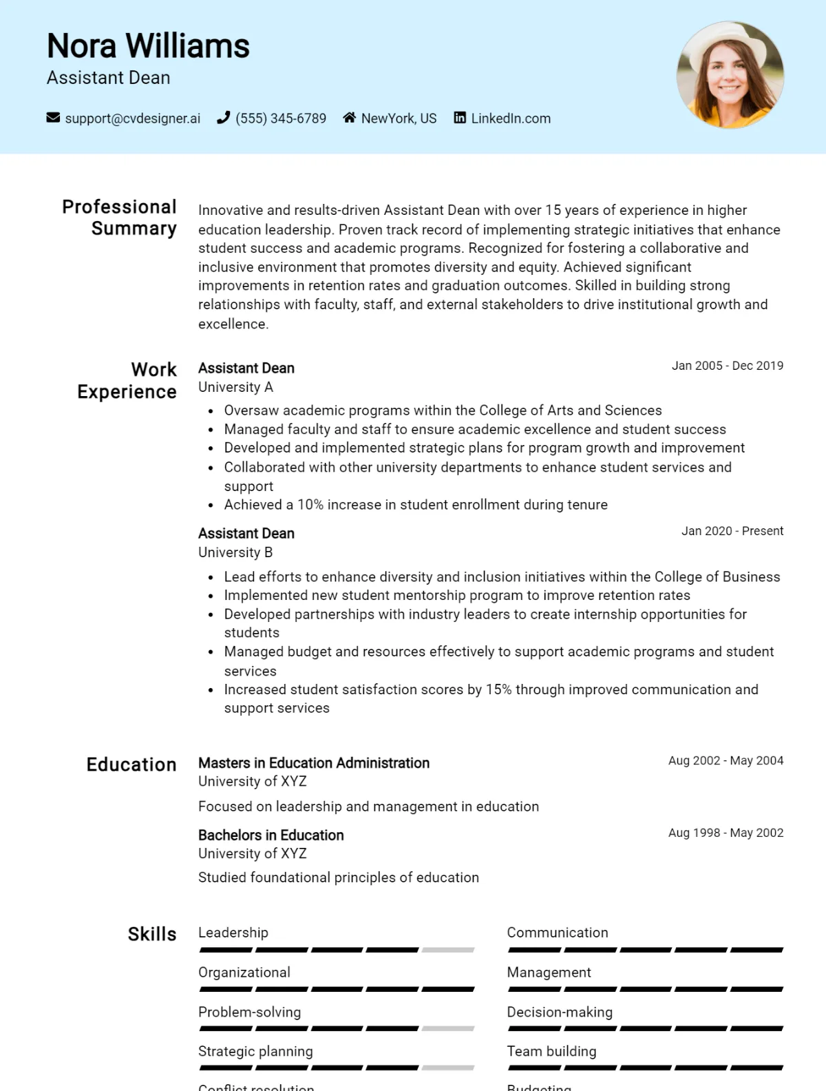 Assistant Dean CV Example