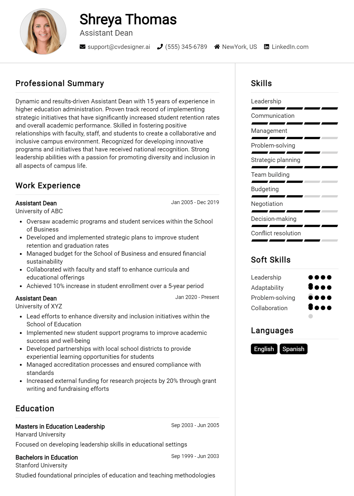 Assistant Dean Resume Example