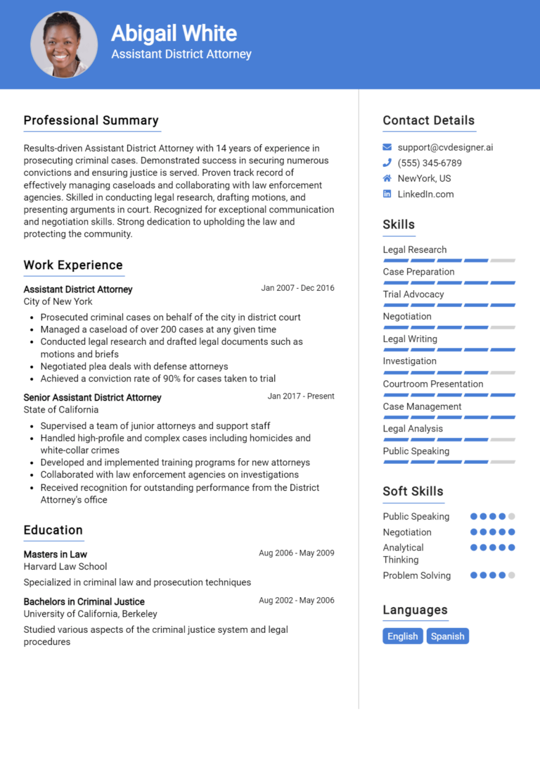Assistant District Attorney Resume Example for 2025: Top CV Skills
