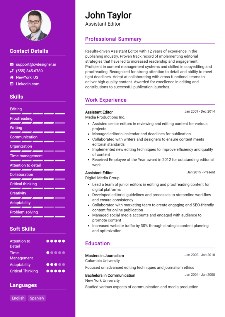 Assistant Editor Resume Example for 2025: Writing Guide