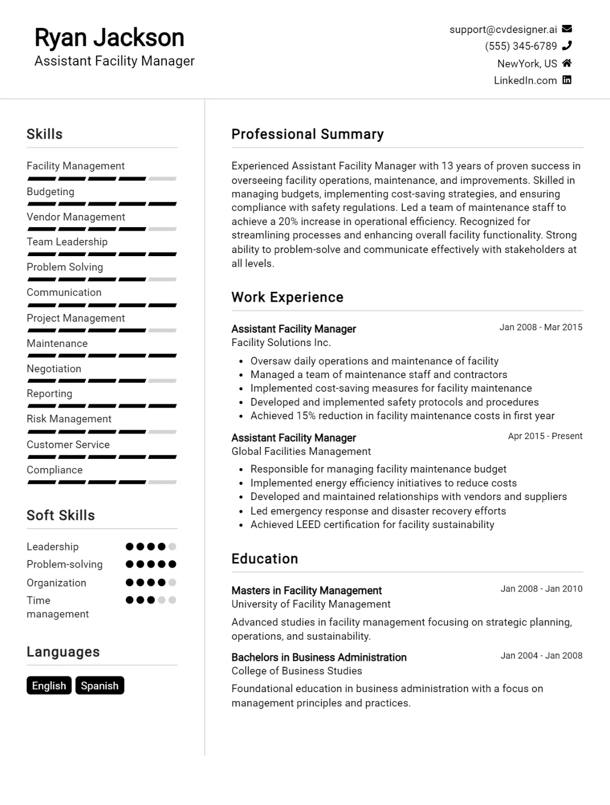 Assistant Facility Manager CV Example