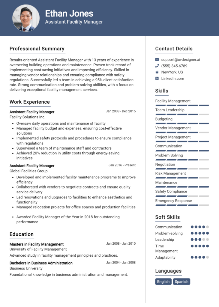 Assistant Facility Manager Resume Example for 2024: Free Samples ...