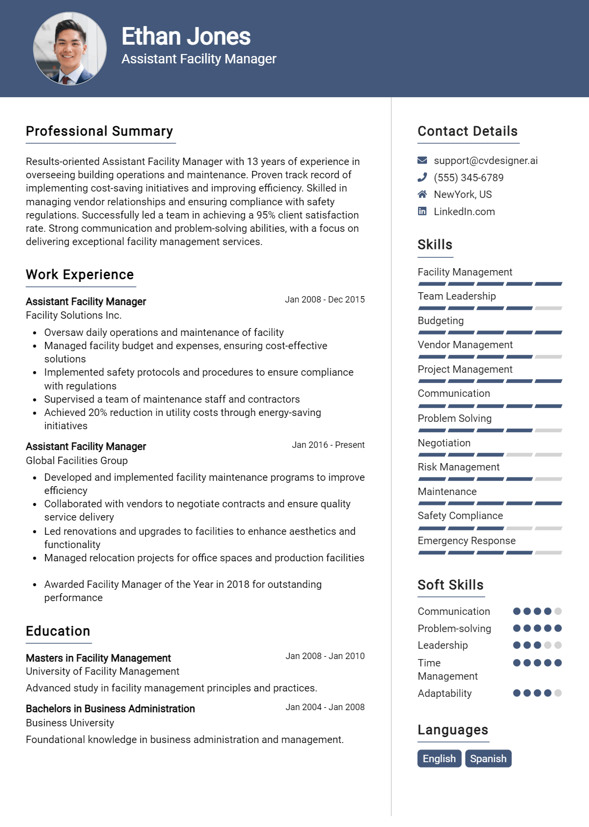 Assistant Facility Manager Resume Example
