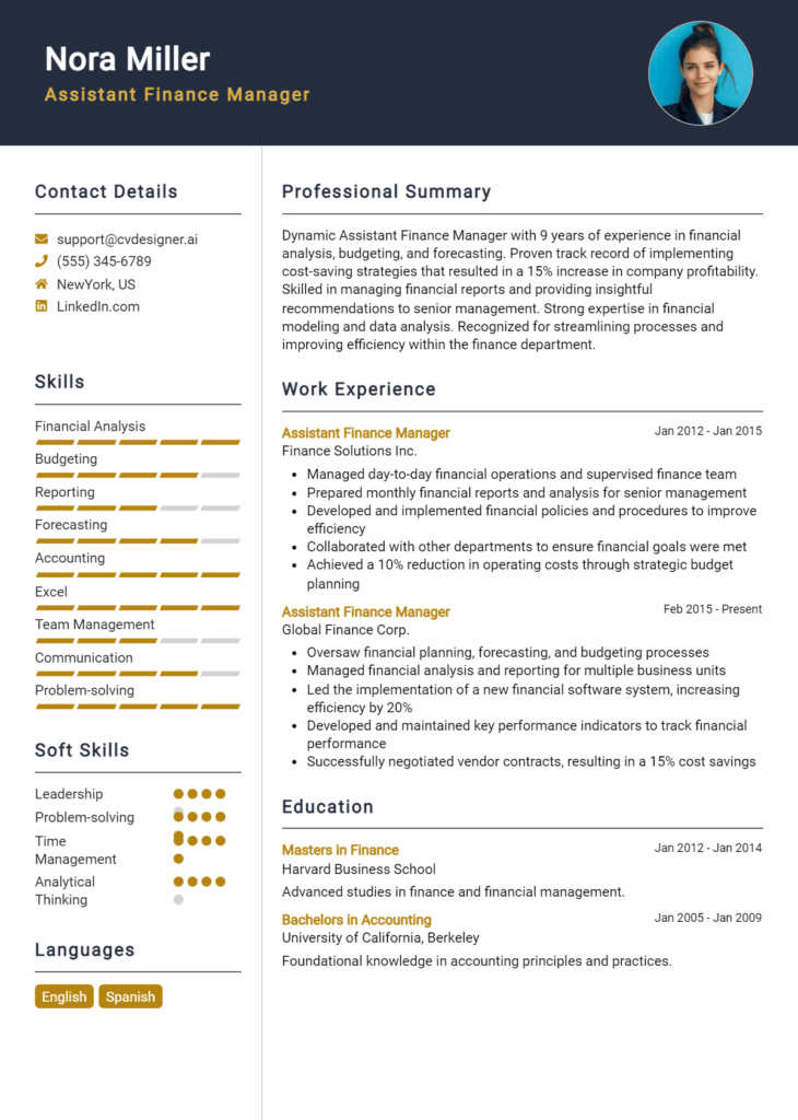 Assistant Finance Manager Resume Example