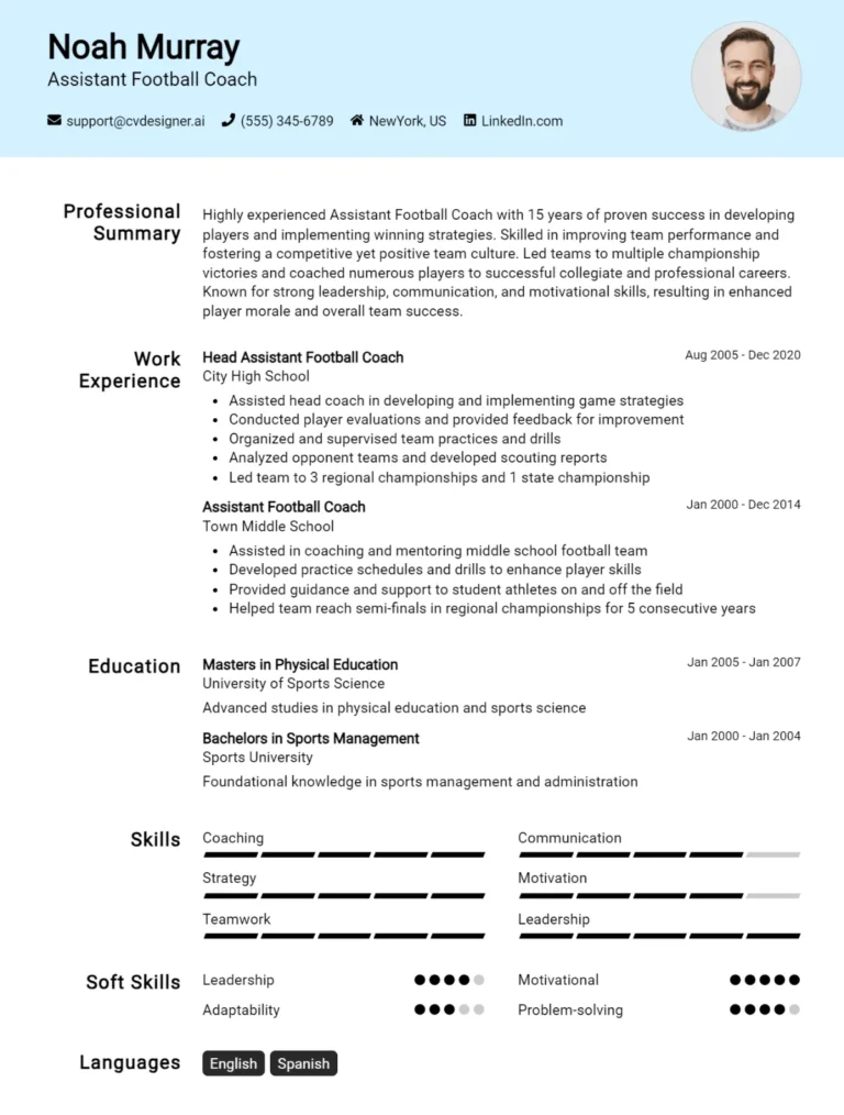 Assistant Football Coach CV Example For 2025: Best Tips & Templates