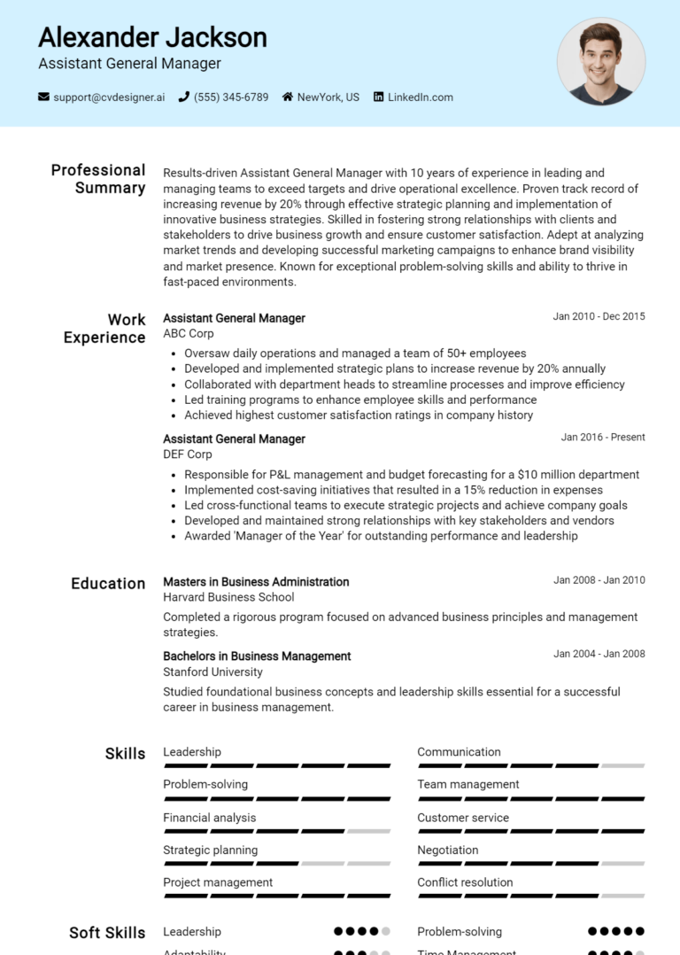Assistant General Manager Resume Example for 2025: Effective Tips