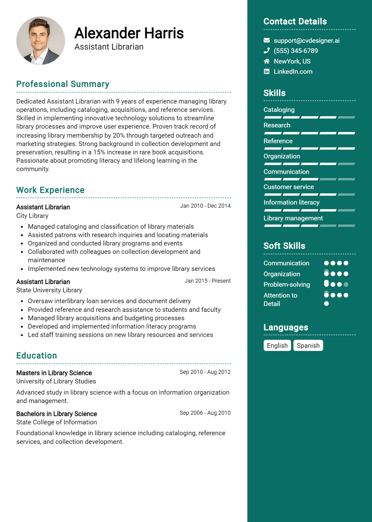 Assistant Librarian Resume Example