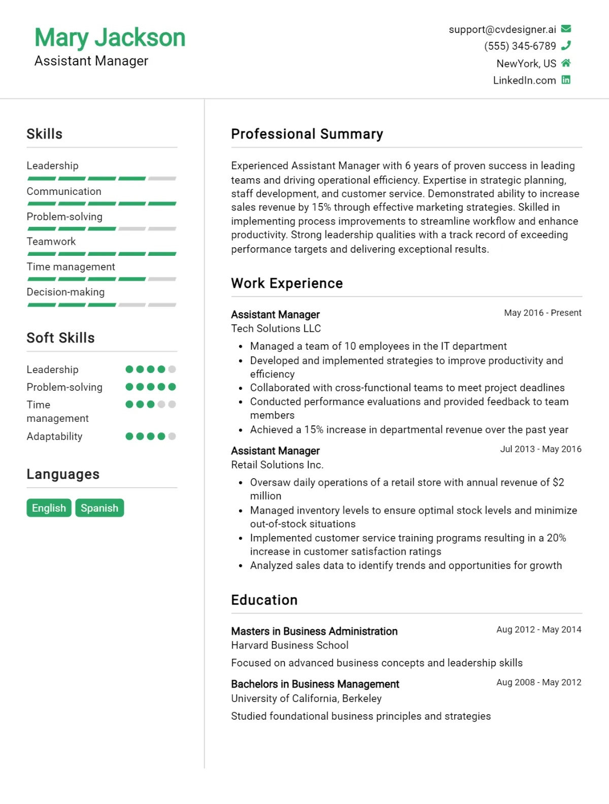 Assistant Manager CV Example