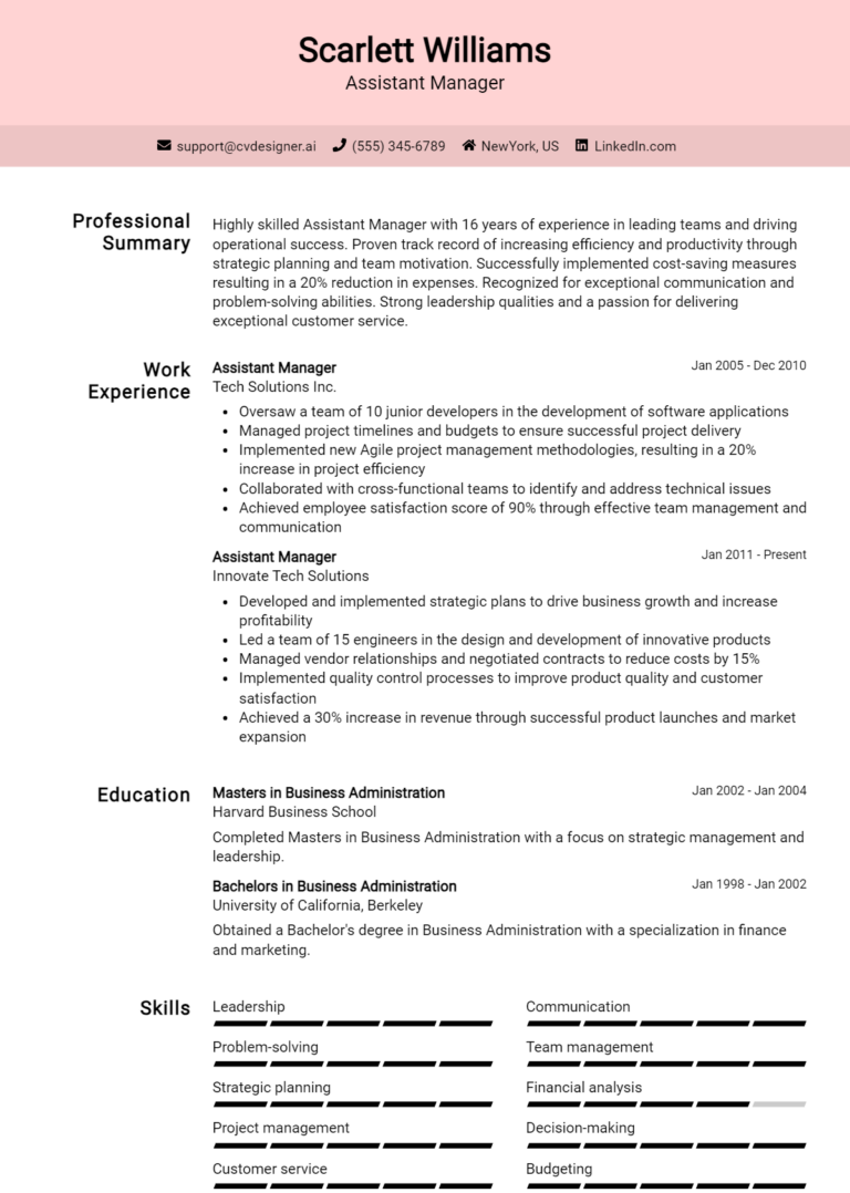 Assistant Manager Resume Example for 2025: Top Templates