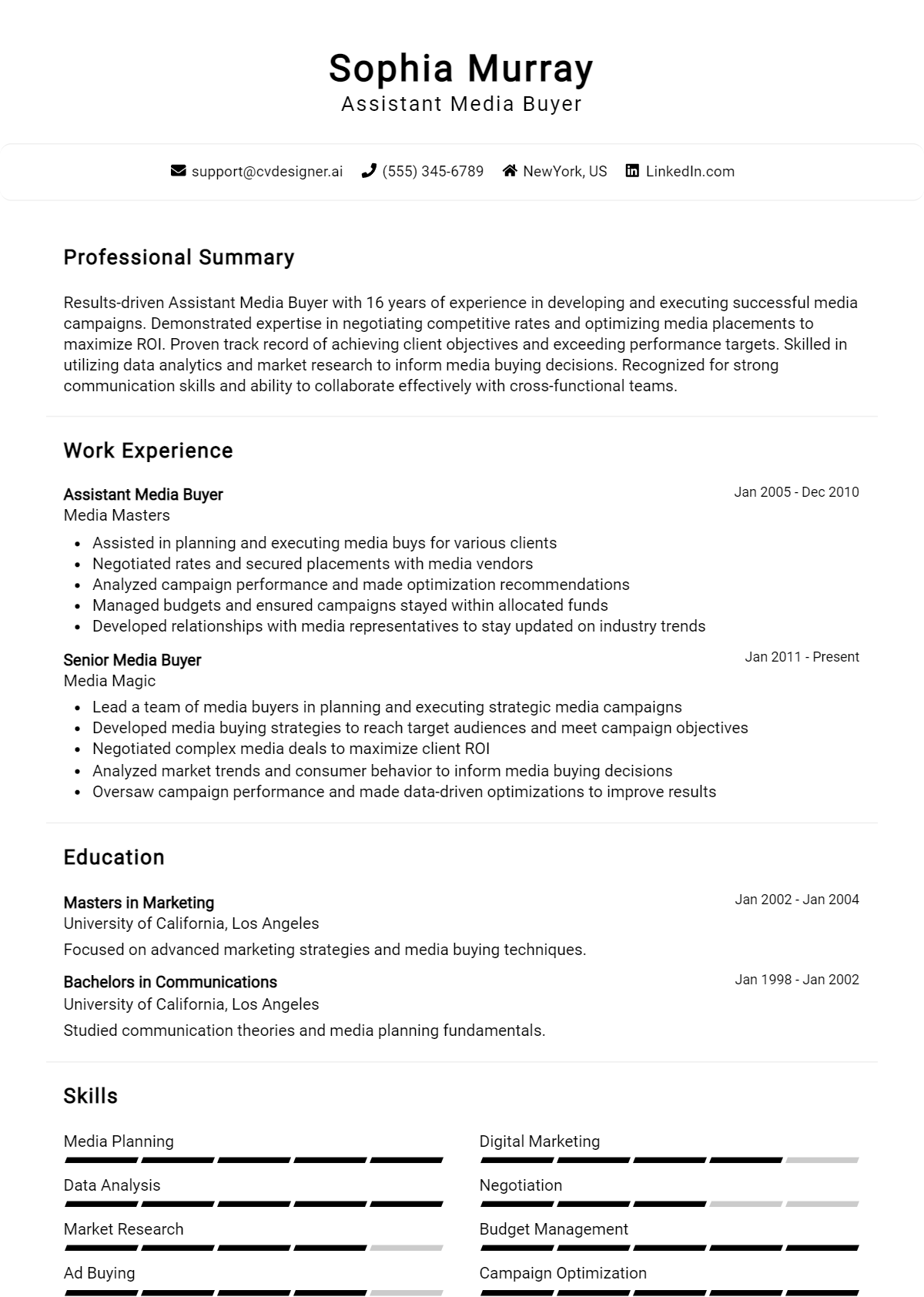Assistant Media Buyer Resume Example