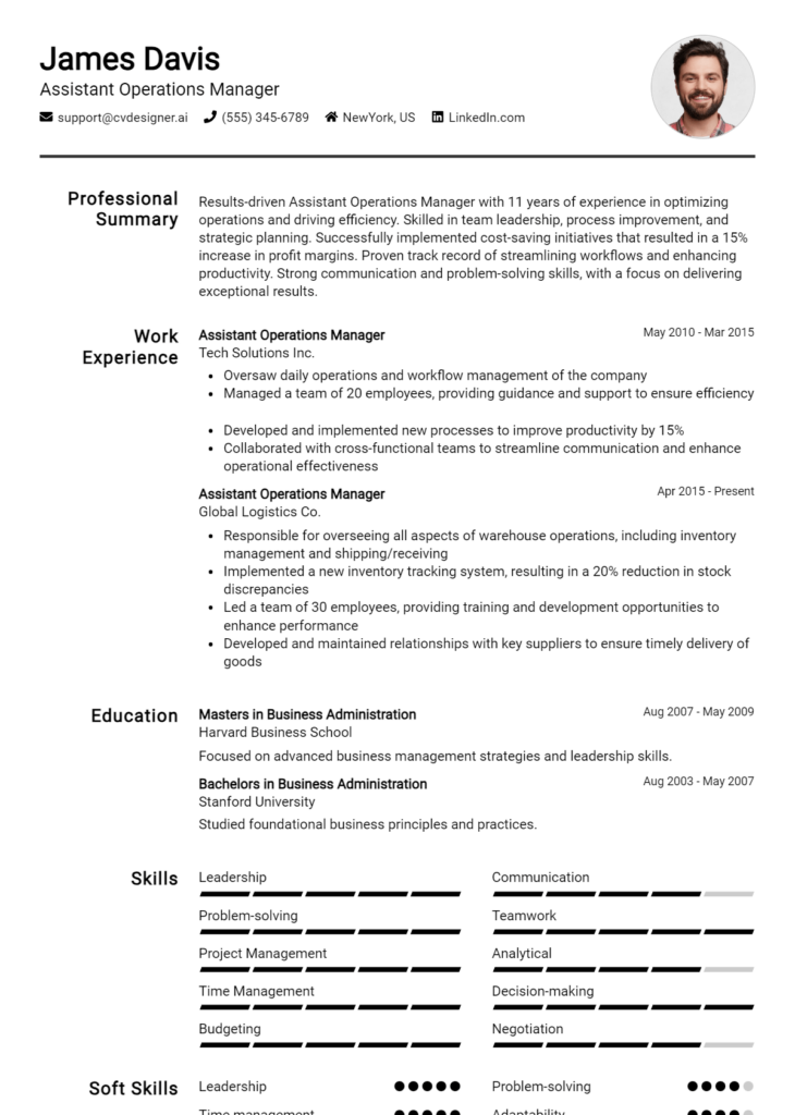 Assistant Operations Manager Resume Example