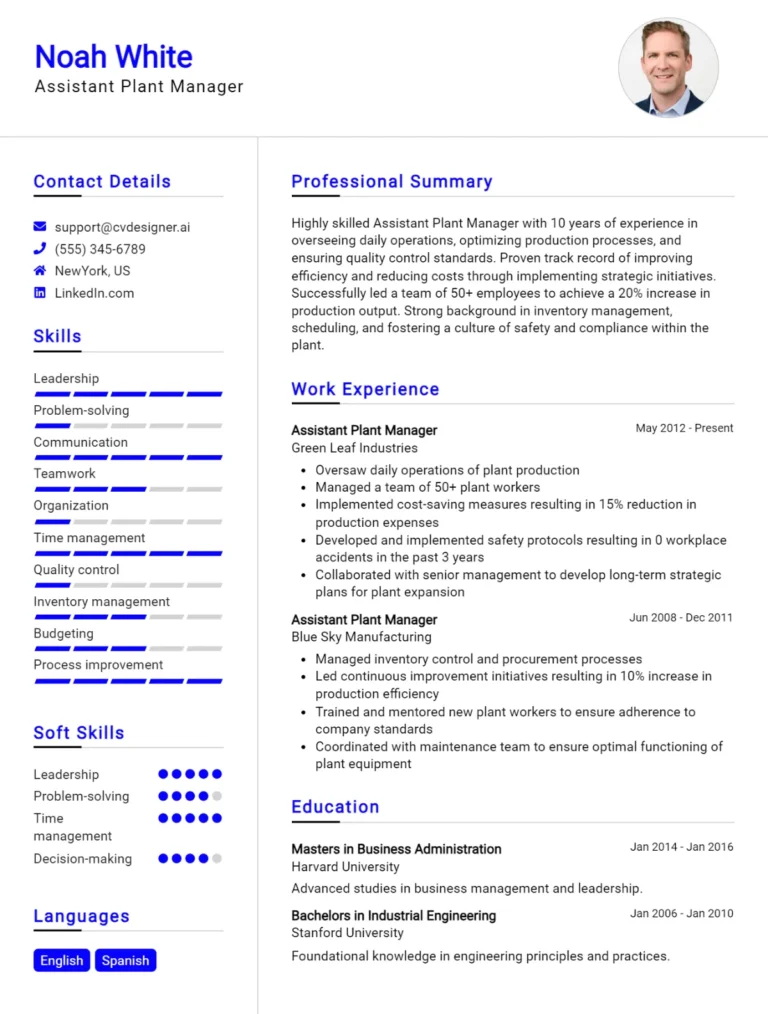 Assistant Plant Manager CV Example For 2025: Effective CV Writing Tips