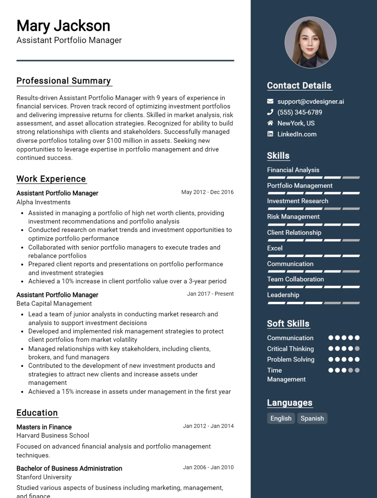 Assistant Portfolio Manager CV Example