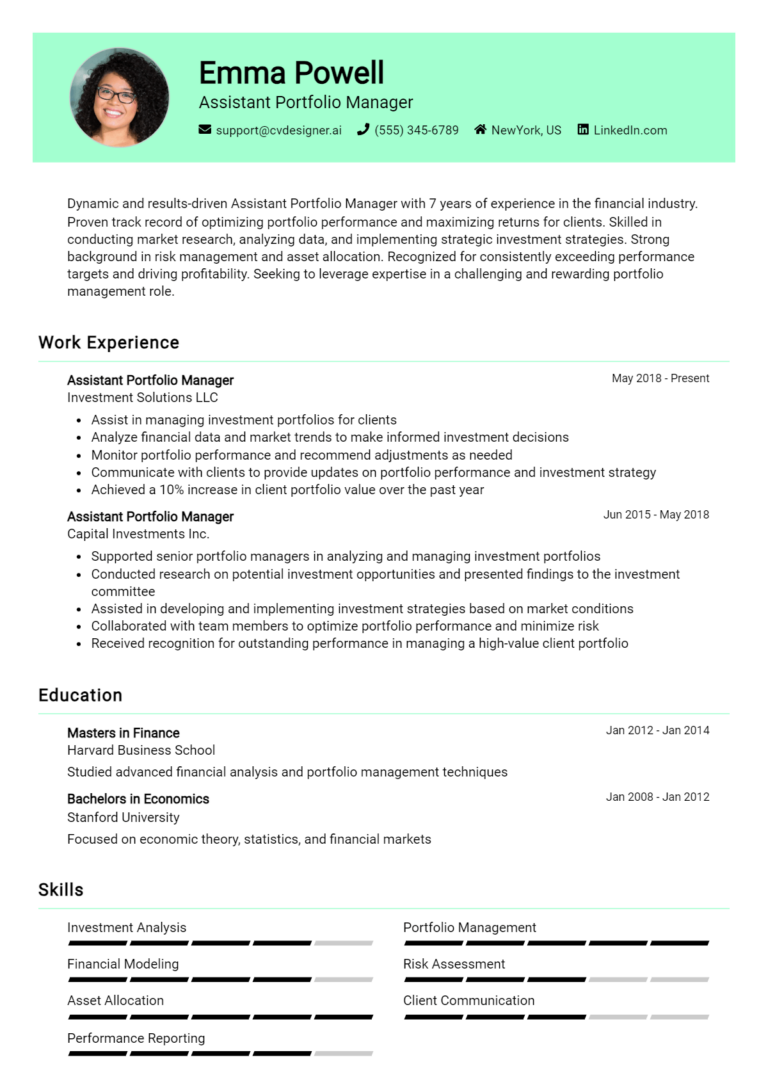 Assistant Portfolio Manager Resume Example for 2025: Tips to Stand Out