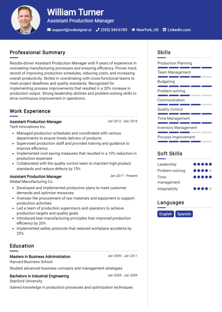 Assistant Production Manager Resume Example for 2025: Top Templates