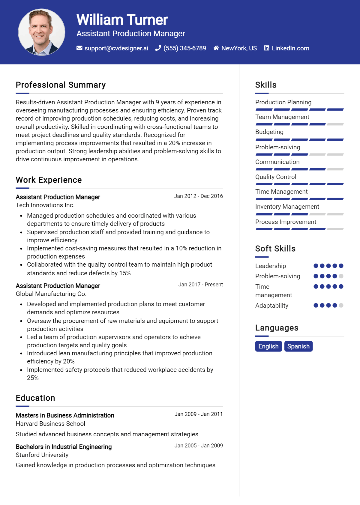 Assistant Production Manager Resume Example
