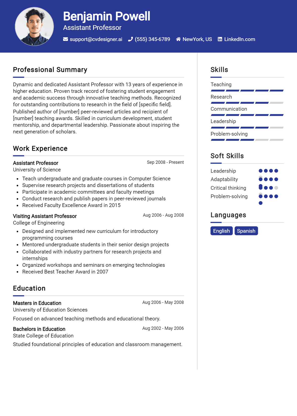 Assistant Professor Resume Example