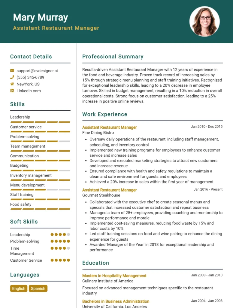 Assistant Restaurant Manager CV Example