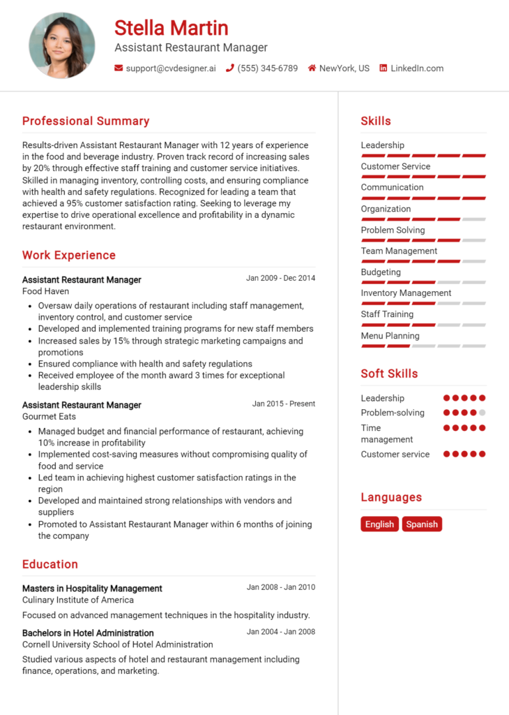 Assistant Restaurant Manager Resume Example For 2024 Best Writing Guide Cvdesignerai 7121