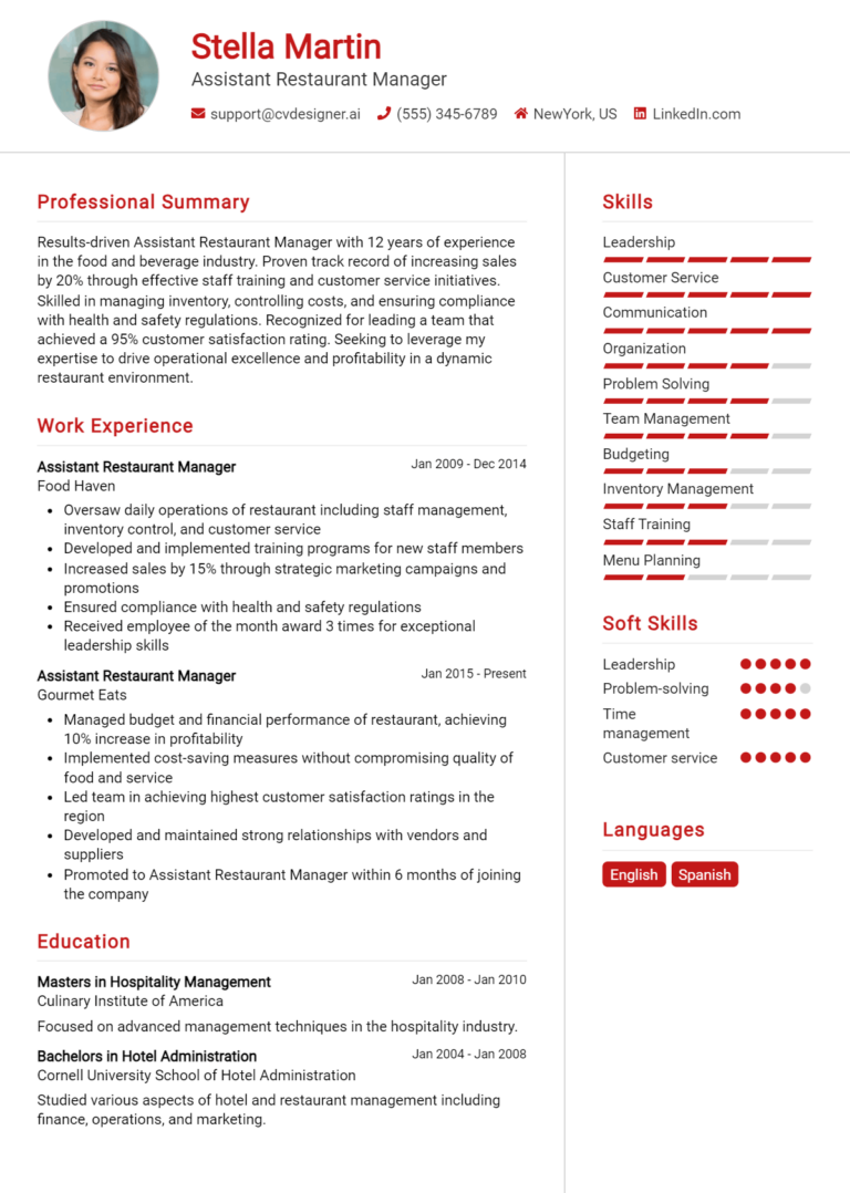 Assistant Restaurant Manager Resume Example for 2025: Best Writing Guide