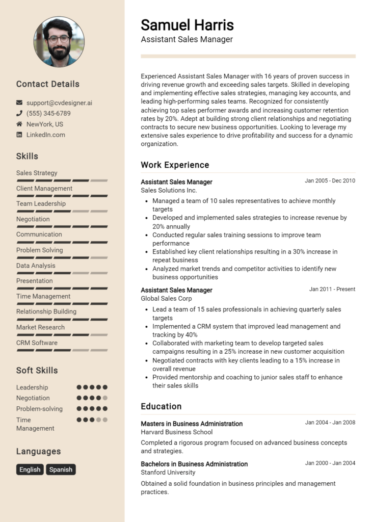 Assistant Sales Manager Resume Example