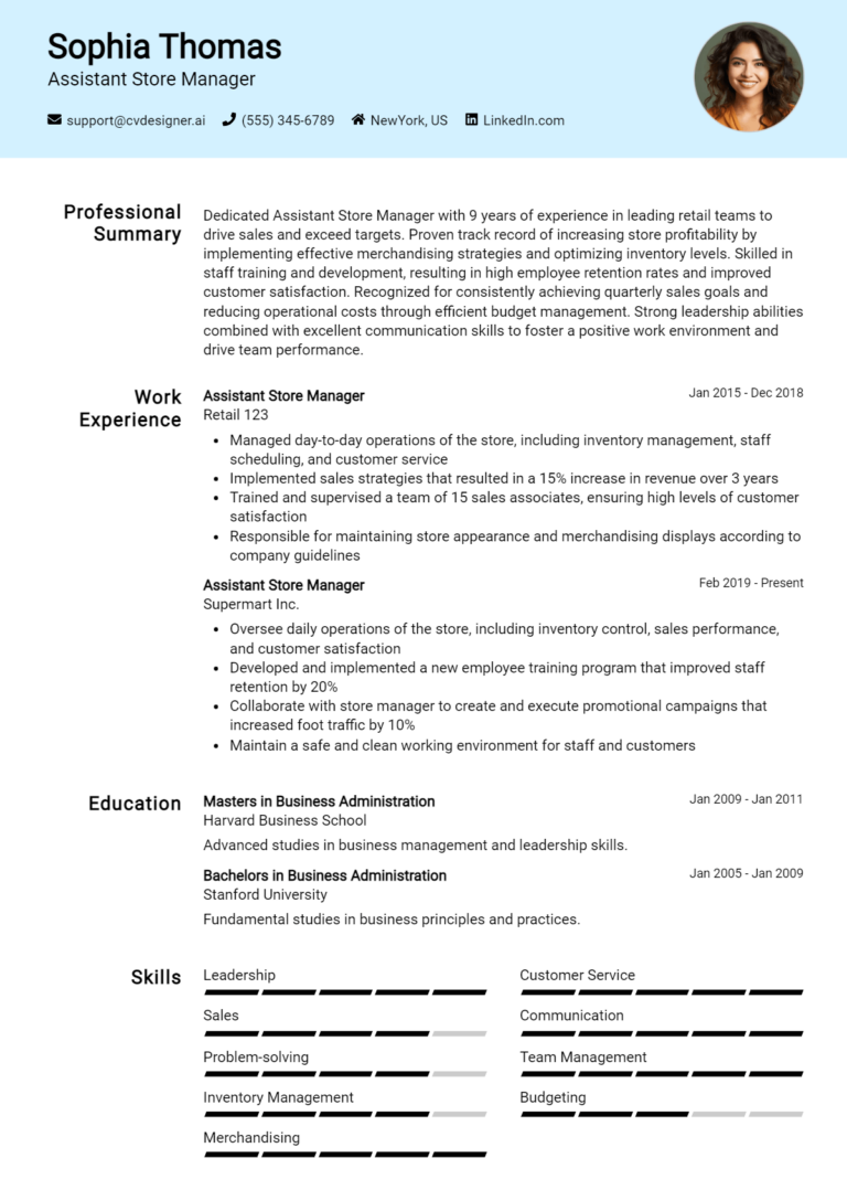 Assistant Store Manager Resume Example for 2025: Examples & Free Templates