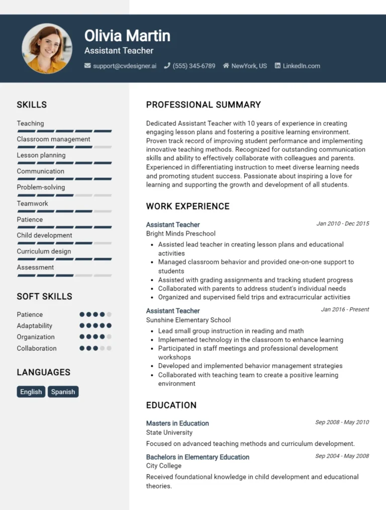 Assistant Teacher CV Example For 2025: Tips & Templates