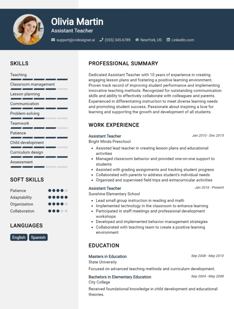 Assistant Teacher CV Example