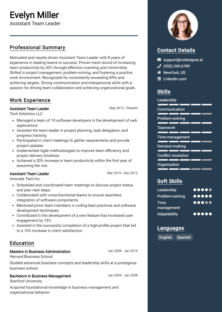 Assistant Team Leader Resume Example