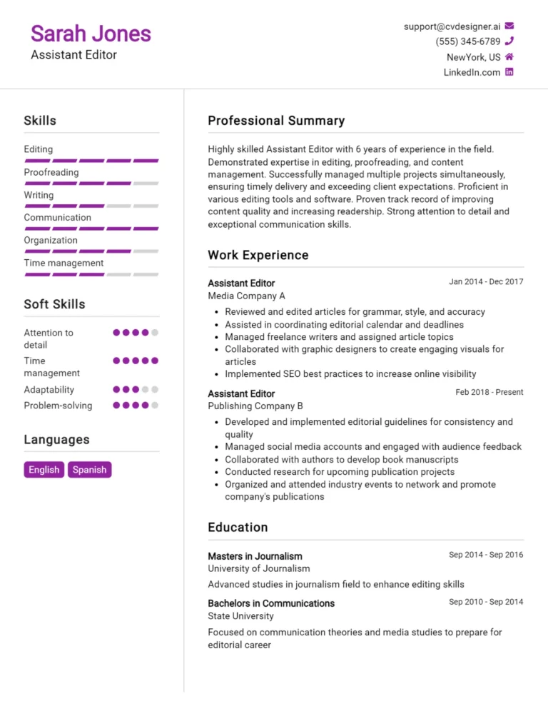 Assistant Editor CV Example For 2025: Best Formatting Tips