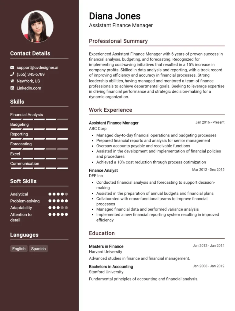 20 Assistant Finance Manager CV Examples And Templates For 2025