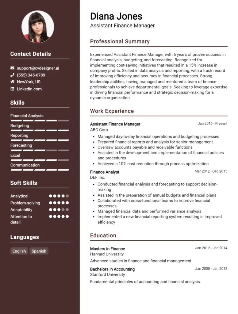 Assistant Finance Manager CV Example