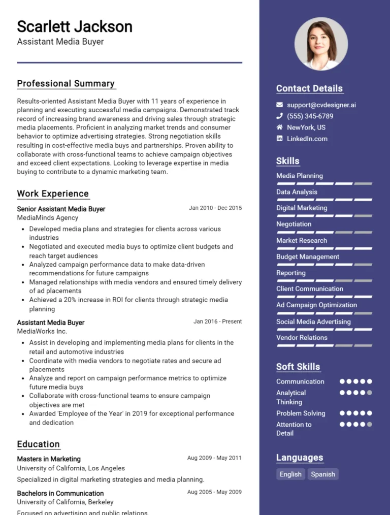 Assistant Media Buyer CV Example For 2025: Top CV Skills