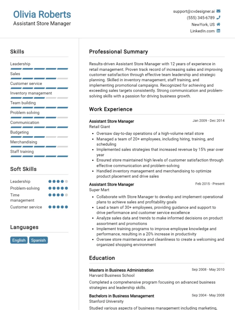 Assistant Store Manager CV Example For 2025: Free Professional Templates