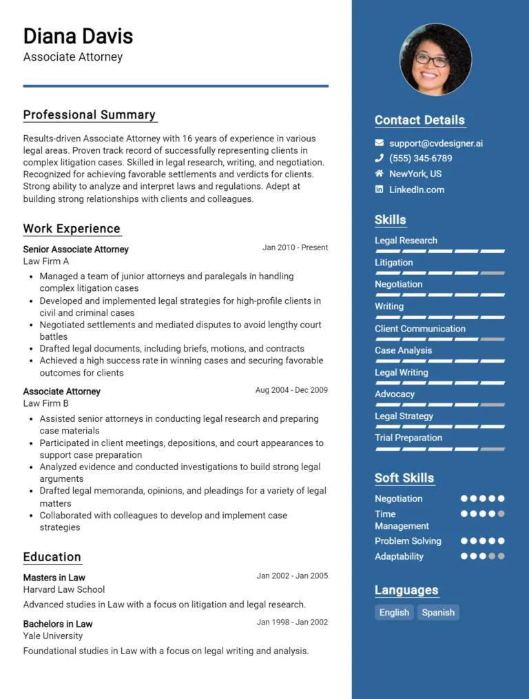 Associate Attorney CV Example For 2025: Free Downloadable Templates