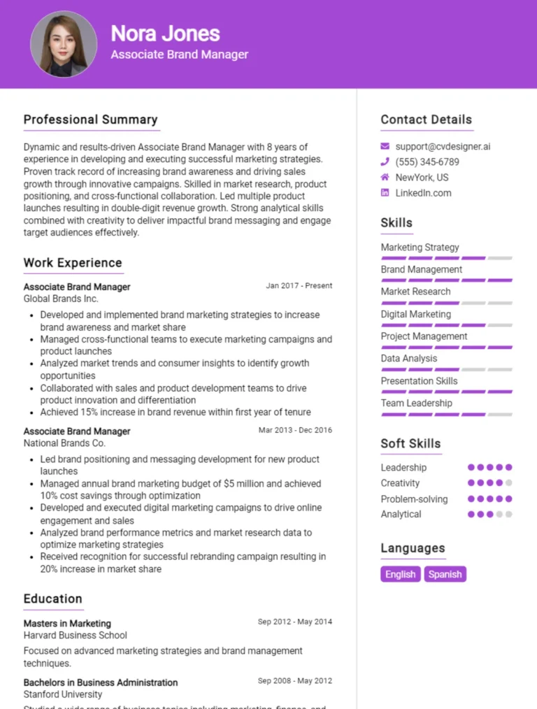Associate Brand Manager CV Example For 2025: Top CV Skills